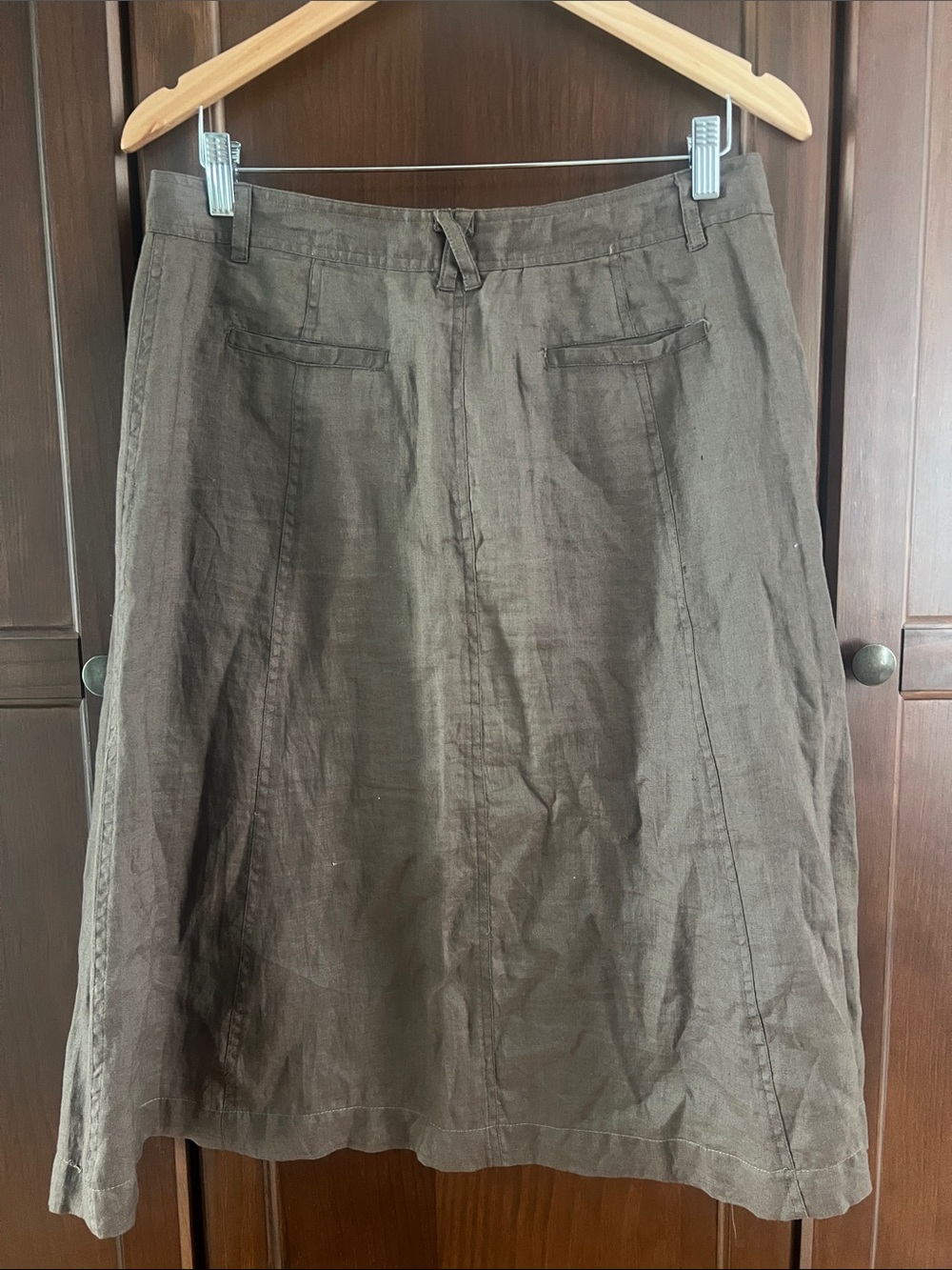 Ecologie Linen Coastal Grandma Mocha Brown Fisherman A-Line Midi Patch Pockets